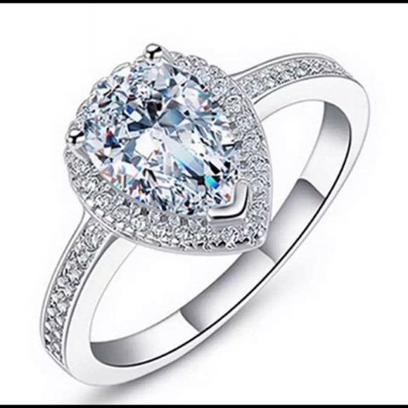 New Halo Pear Austrian Crystal Ring with Single Half Row Pave Engagement Ring - Picture 12 of 12